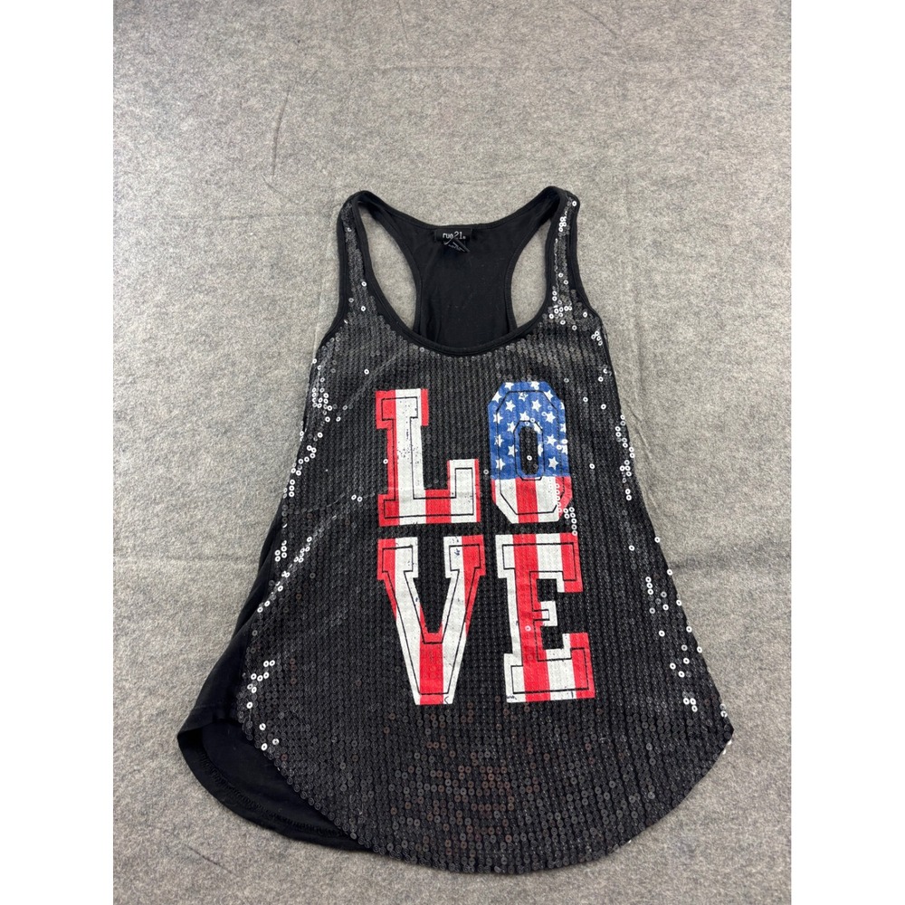 Rue21 Black Sequin LOVE American Flag Racerback Tank Top Patriotic USA Womens S‎